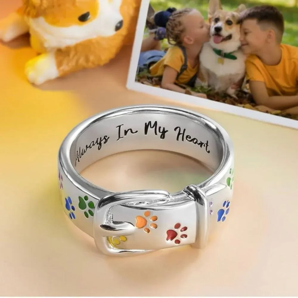 NWT Pet Collar Ring Sz 11 /Rainbow Dog Cat Paw Print engraved Always in my Heart